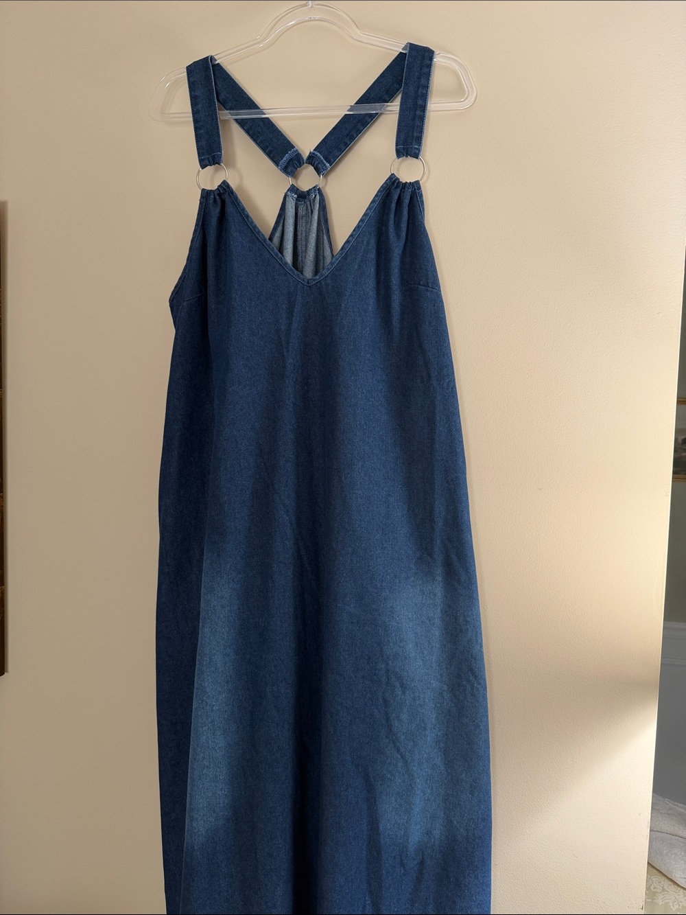 Denim Maxi Dress with Ring-Detail Crisscross Straps